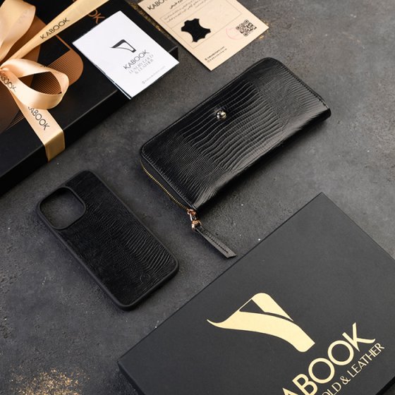 ست قاب موبایل و کیف پول زنانه چرم مشکی لیزارد