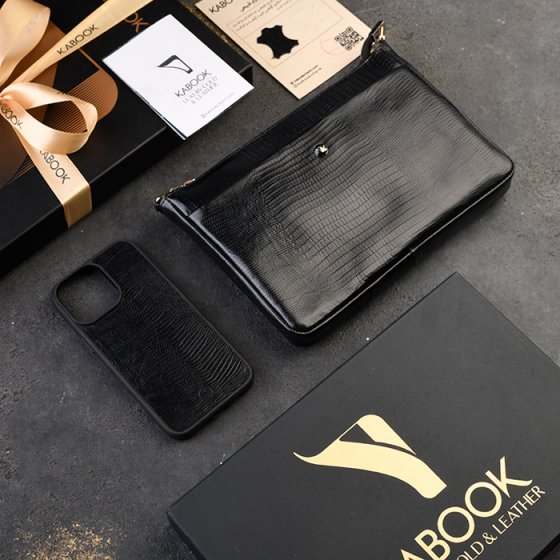 ست قاب موبایل و کیف ویولتا زنانه چرم مشکی لیزارد