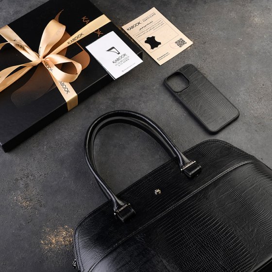 ست قاب موبایل و کیف دیوید زنانه چرم مشکی لیزارد