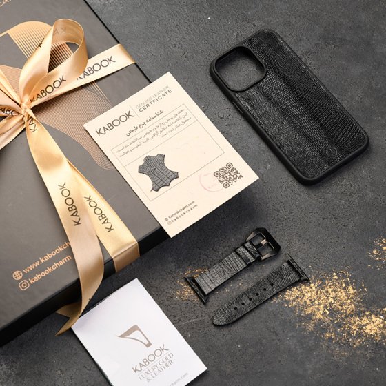 ست قاب موبایل و بند اپل واچ چرم مشکی لیزارد