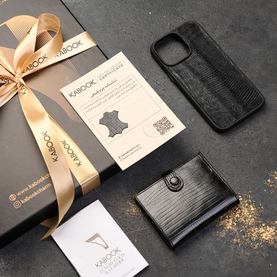 ست قاب موبایل و کیف کارت 4 لت زنانه چرم مشکی لیزارد