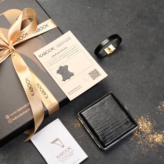 ست دستبند زنانه و جعبه سیگار چرم مشکی لیزارد