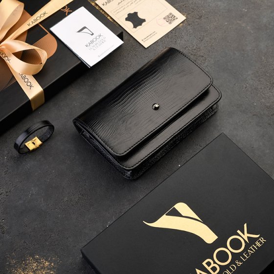 ست دستبند و کیف آمبر زنانه چرم مشکی لیزارد