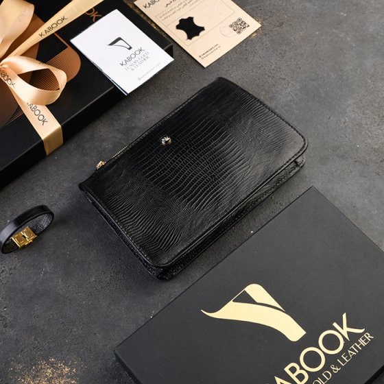 ست دستبند و کیف میلانا زنانه چرم مشکی لیزارد