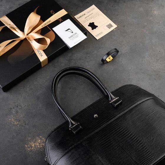 ست دستبند و کیف دیوید زنانه چرم مشکی لیزارد