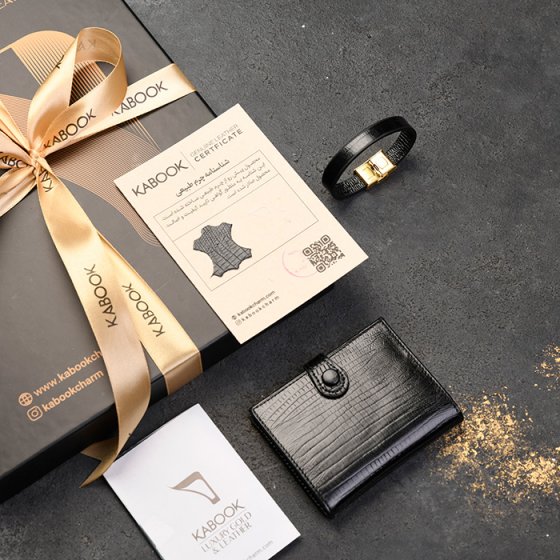 ست دستبند و کیف کارت 4 لت زنانه چرم مشکی لیزارد