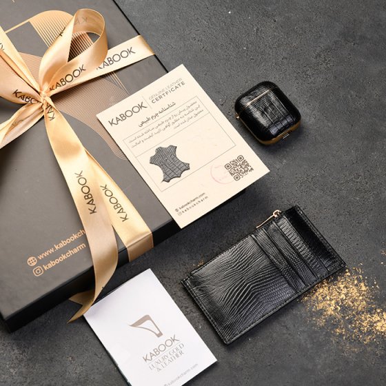 ست ایرپاد و کیف کارت زیپی زنانه چرم مشکی لیزارد