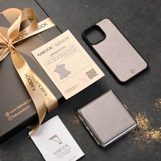 ست قاب موبایل و جعبه سیگار چرم خاکستری