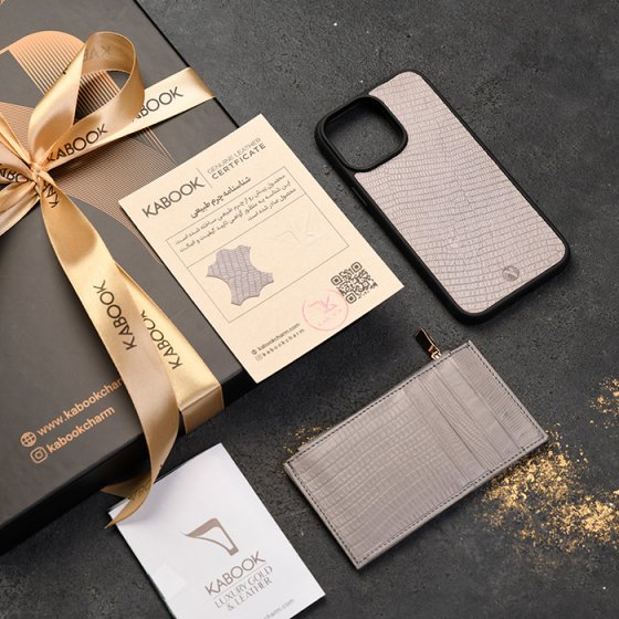 ست قاب موبایل و کیف کارت زیپی چرم خاکستری