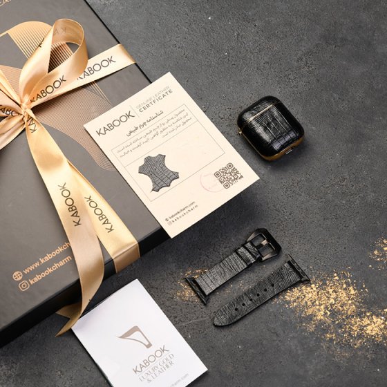 ست قاب ایرپاد و بند اپل واچ چرم مشکی لیزارد