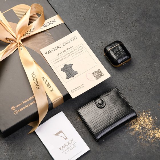 ست قاب ایرپاد و کیف کارت 4 لت چرم مشکی لیزارد