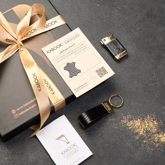 ست فندک و جاکلیدی چرم مشکی لیزارد