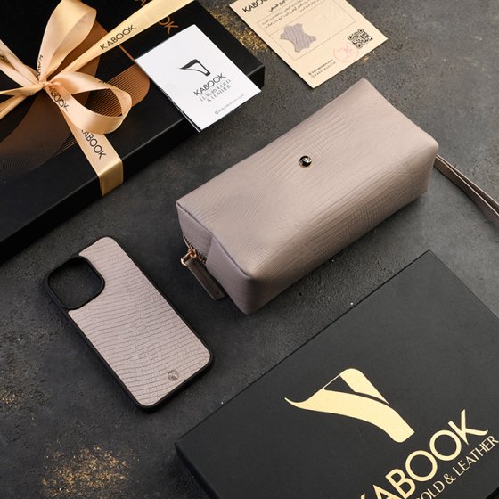 ست قاب موبایل و کیف آرایشی چرم خاکستری