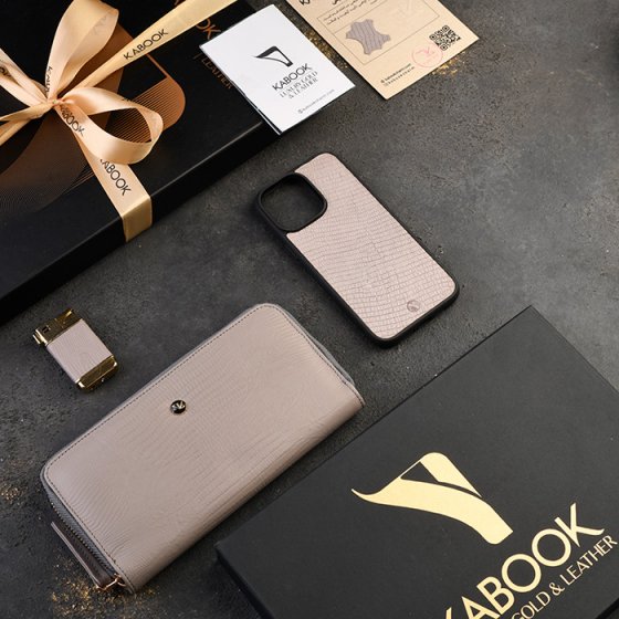 ست قاب موبایل و کیف پول زنانه چرم خاکستری