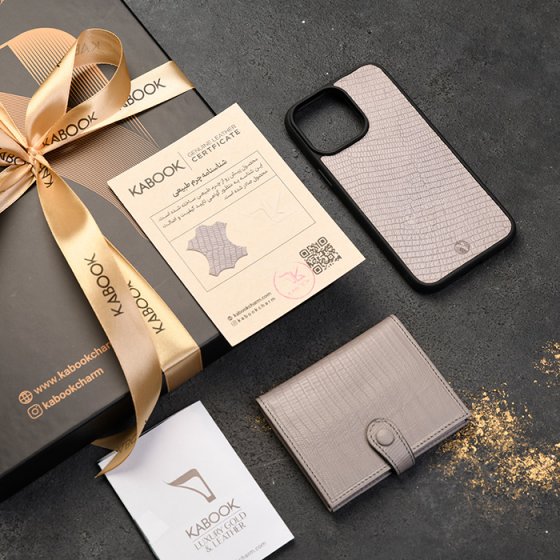 ست قاب موبایل و کیف کارت 4 لت چرم خاکستری