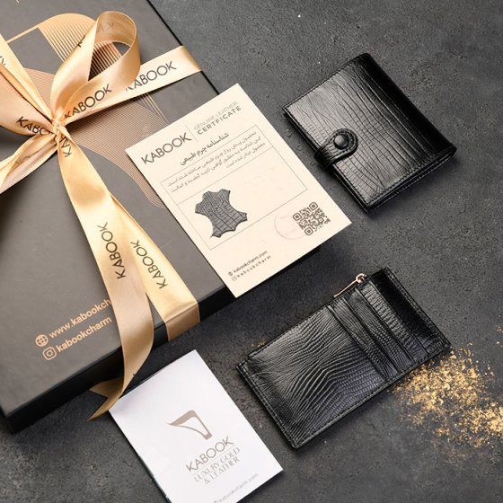 ست کیف کارت زیپی و کیف 4لت چرم مشکی لیزارد