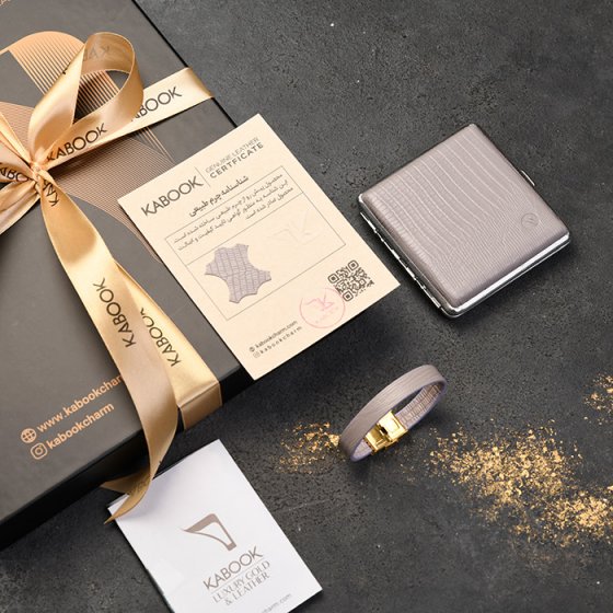 ست دستبند و جعبه سیگار چرم خاکستری