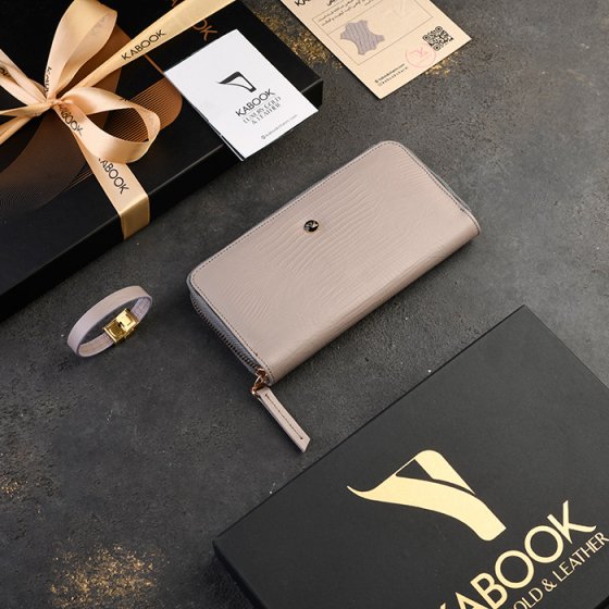 ست دستبند و کیف پول زنانه چرم خاکستری