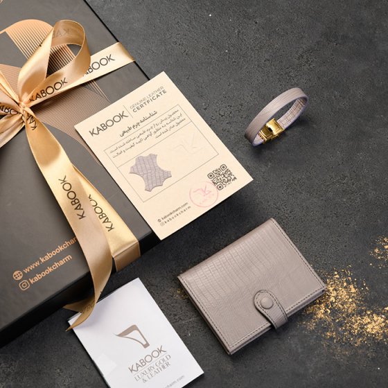 ست دستبند و کیف کارت 4 لت چرم خاکستری