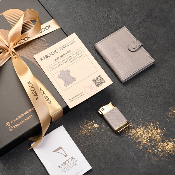 ست کیف کارت 4 لت و فندک چرم خاکستری