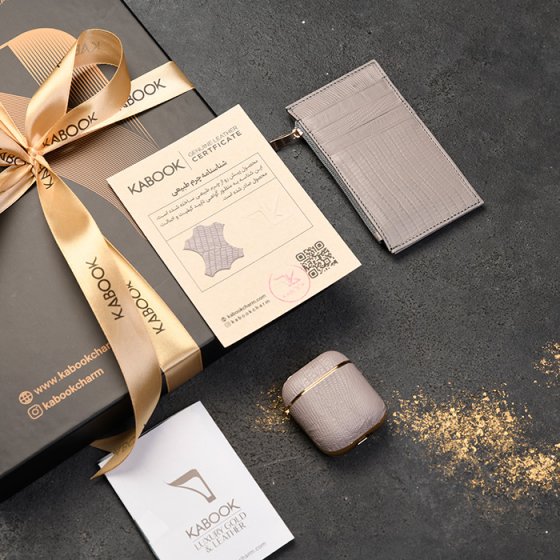 ست قاب ایرپاد و کیف کارت زیپی چرم خاکستری