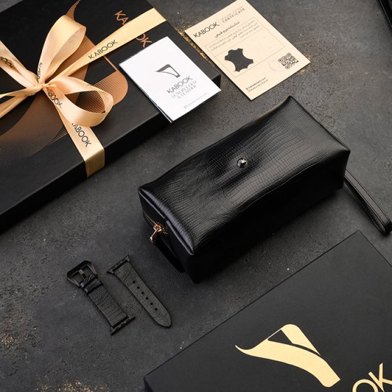 ست کیف آرایشی زنانه و اپل واچ چرم مشکی لیزارد