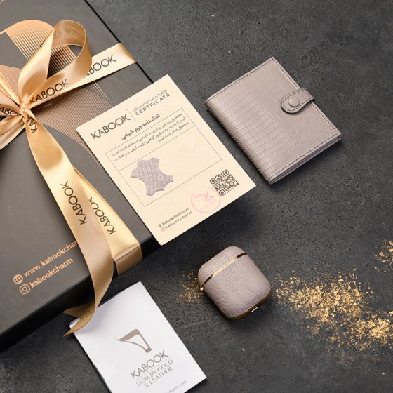 ست قاب ایرپاد و کیف کارت 4 لت چرم خاکستری