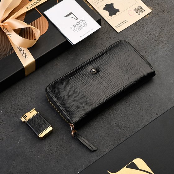 ست کیف پول زنانه و فندک چرم مشکی لیزارد