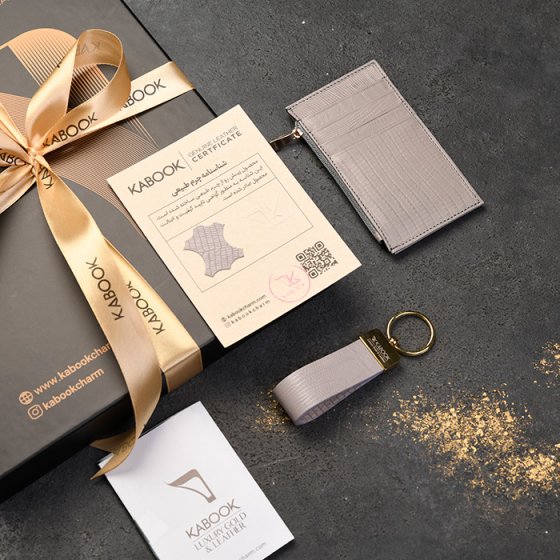 ست جاکلیدی و کیف کارت زیپی چرم خاکستری