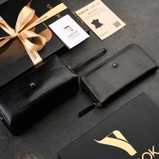 ست کیف پول زنانه و کیف آرایشی چرم مشکی لیزارد