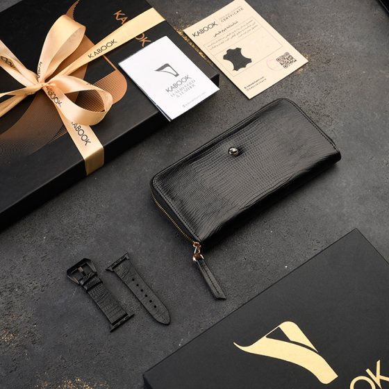 ست کیف پول زنانه و اپل واچ چرم مشکی لیزارد