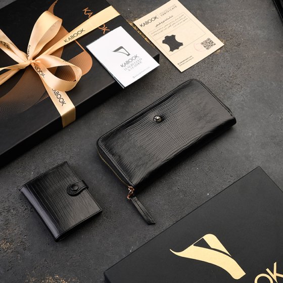 ست کیف پول زنانه و کیف کارت 4لت چرم مشکی لیزارد