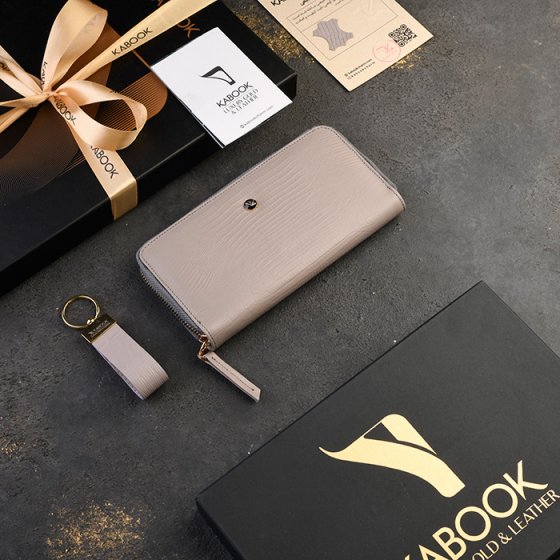 ست جاکلیدی و کیف پول چرم خاکستری