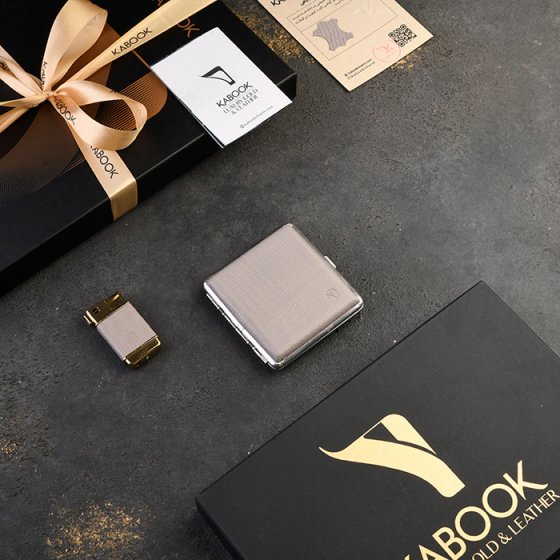 ست فندک و جعبه سیگار چرم خاکستری