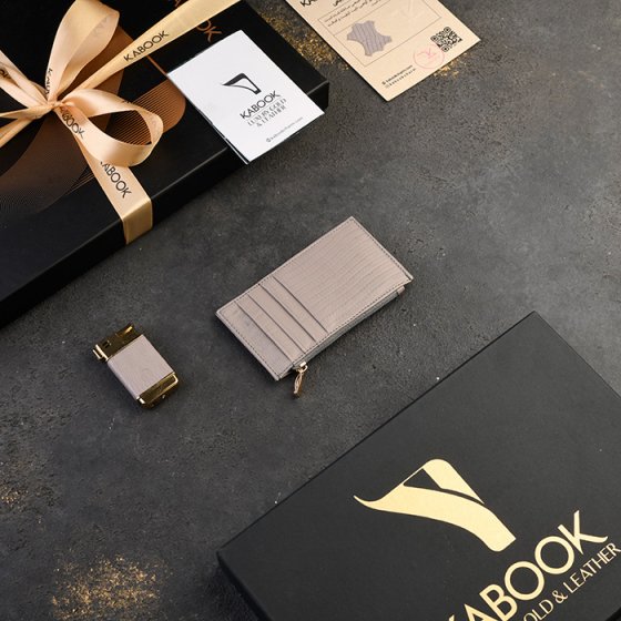 ست فندک و کیف کارت زیپی چرم خاکستری