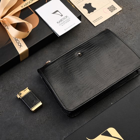 ست کیف میلانا زنانه و فندک چرم مشکی لیزارد