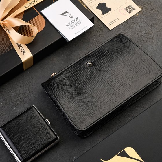 ست کیف میلانا زنانه و جعبه سیگار چرم مشکی لیزارد