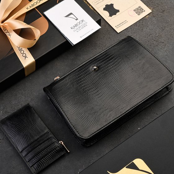 ست کیف میلانا زنانه و کیف کارت زیپی چرم مشکی لیزارد