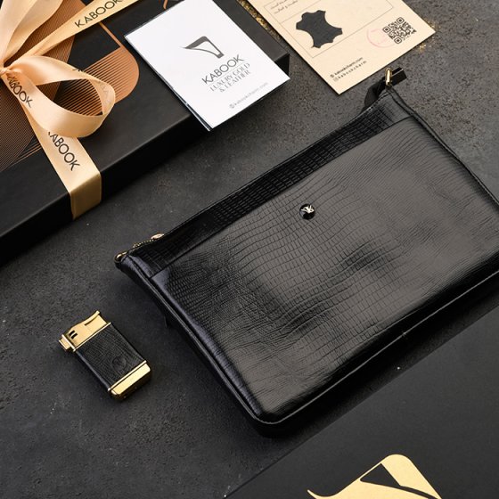 ست کیف ویولتا زنانه و فندک چرم مشکی لیزارد