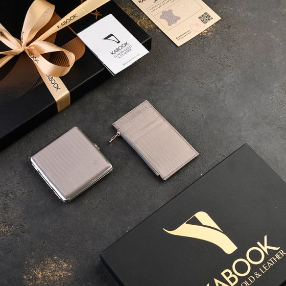 ست جعبه سیگار و کیف کارت زیپی چرم خاکستری