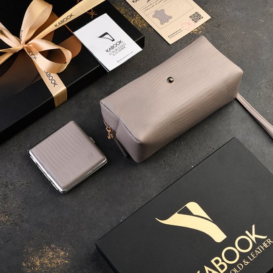 ست جعبه سیگار وکیف آرایشی چرم خاکستری