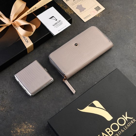 ست جعبه سیگار و کیف پول زنانه چرم خاکستری