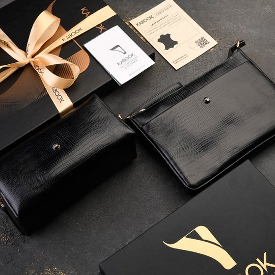 ست کیف ویولتا و کیف آرایشی زنانه چرم مشکی لیزارد