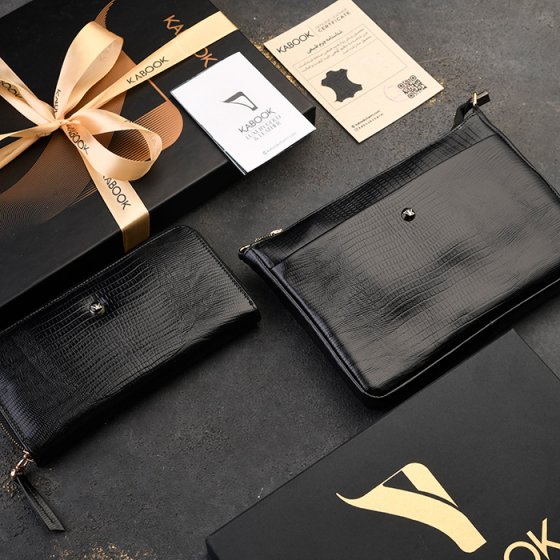 ست کیف ویولتا و کیف پول زنانه چرم مشکی لیزارد