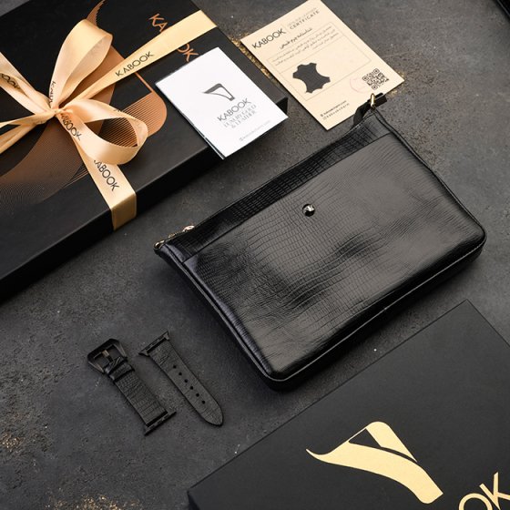 ست کیف ویولتا زنانه و اپل واچ چرم مشکی لیزارد