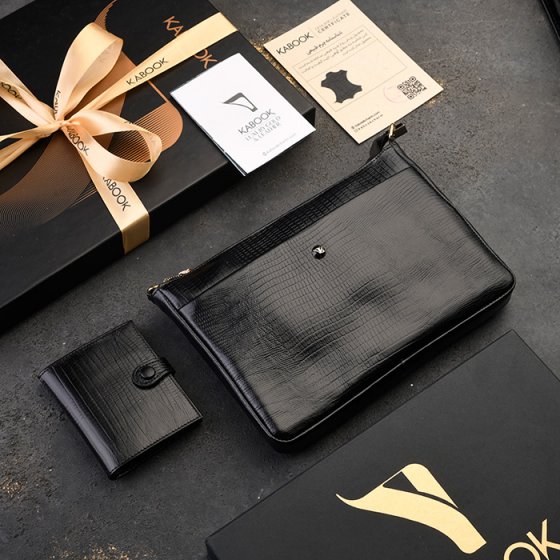 ست کیف دوشی ویولتا و کیف کارت 4لت زنانه چرم مشکی لیزارد