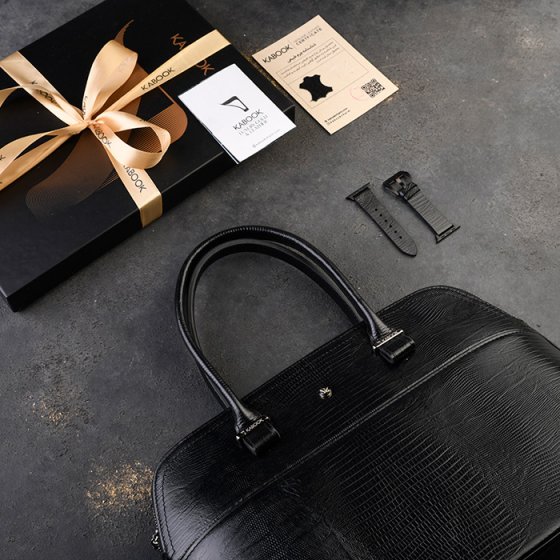 ست کیف دیوید زنانه و اپل واچ چرم مشکی لیزارد