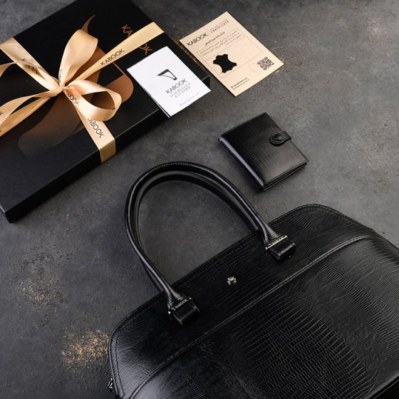 ست کیف دیوید زنانه و کیف 4لت چرم مشکی لیزارد