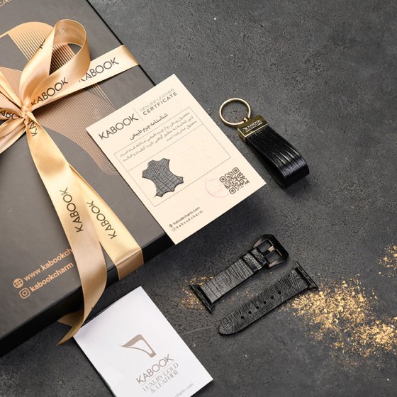 ست بند اپل واچ و جاکلیدی چرم مشکی لیزارد