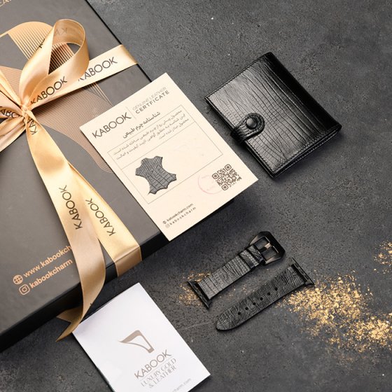 ست بند اپل واچ و کیف کارت 4لت چرم مشکی لیزارد